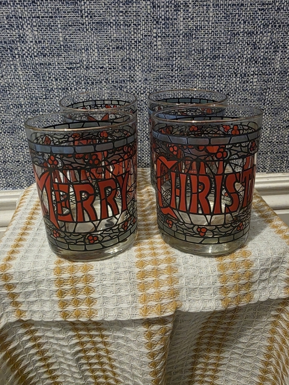 Vintage Cera Houze "Merry Christmas" Stained Glass Rocks Glasses X 4